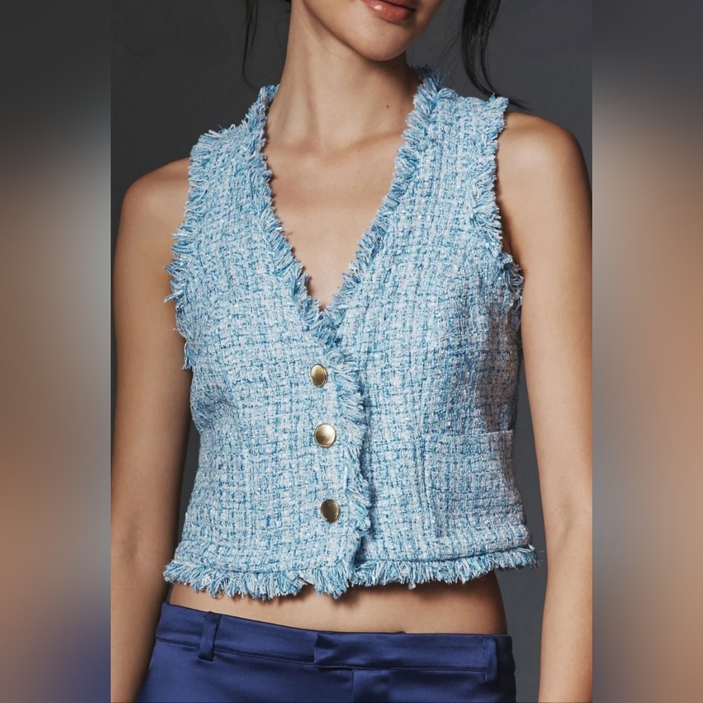 Anthropologie Maeve Blue Tweed Shell Vest - Picture 3 of 8